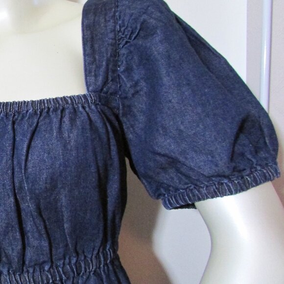 J. Crew Denim Square Neck Popover Mini Dress Puff Sleeves Cotton Linen - Picture 3 of 10